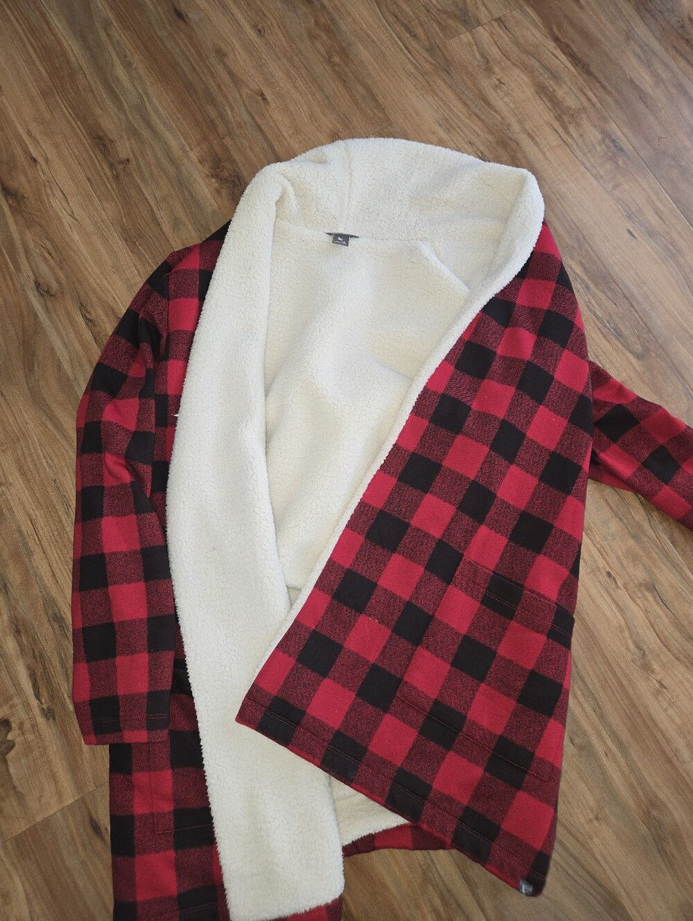 Eddie Bauer Plaid Sherpa-Lined Open Front Coatigan - Red/Black